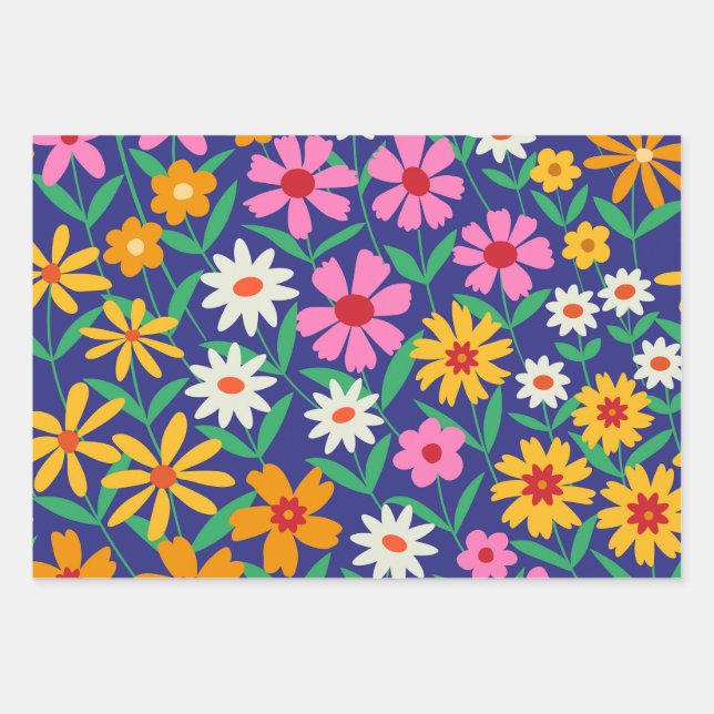 Retro boho flowers garden on navy blue  wrapping paper sheet (Front 2)