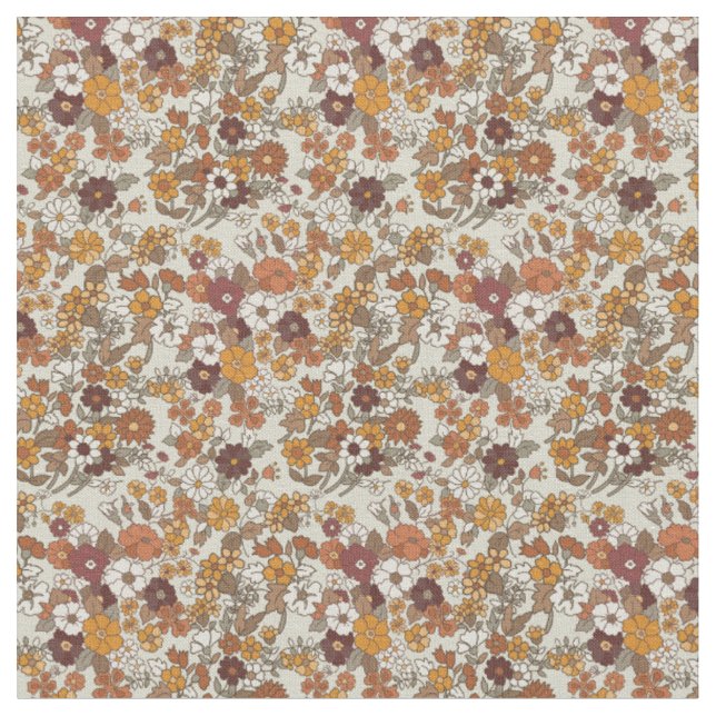 Retro Boho Flowers Mediterranean Pattern Fabric (Close Up)