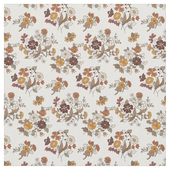 Retro Boho Flowers Mediterranean Pattern Fabric (Close Up)