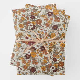 Retro Boho Flowers Pattern Wrapping Paper Sheet