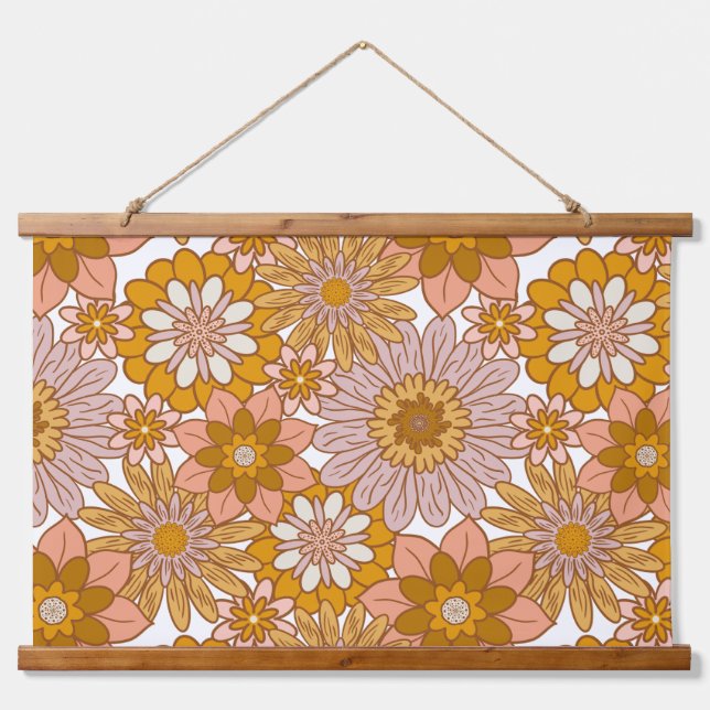 Retro Boho Flowers Wood Top Wall Tapestry (Front)