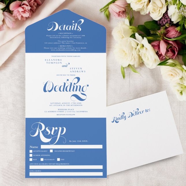 Retro boho french blue elegant script chic wedding all in one invitation (Retro boho french blue elegant script chic wedding all in one invitation)