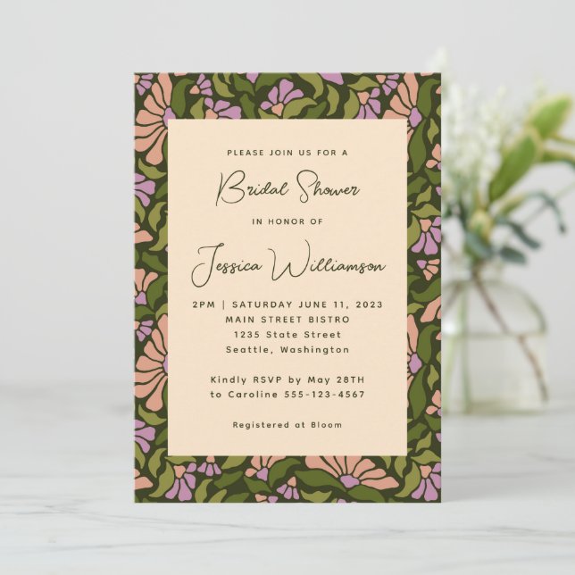 Retro Boho Green Botanical Groovy Bridal Shower Invitation (Standing Front)