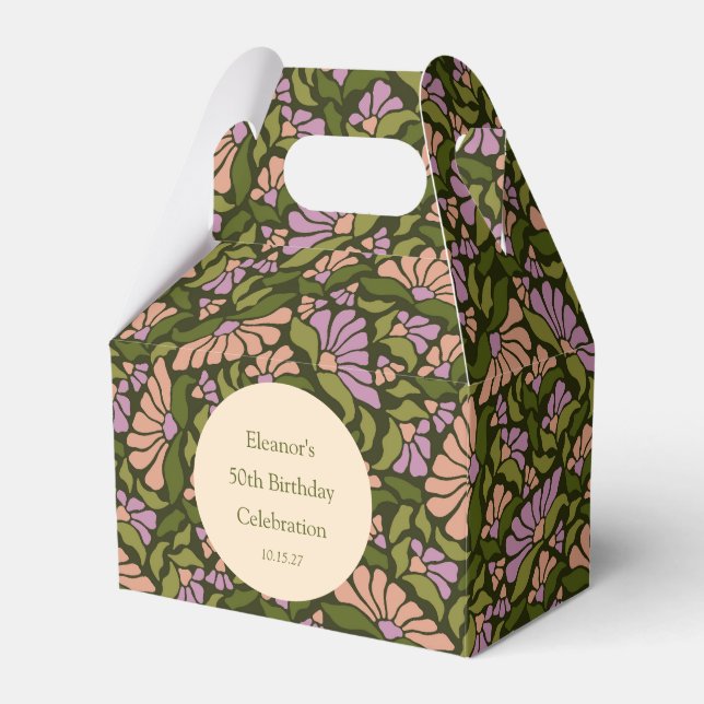 Retro Boho Green Cute Floral Custom 50th Birthday Favor Box (Front Side)