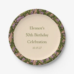 Retro Boho Green Cute Floral Custom 50th Birthday Paper Plate