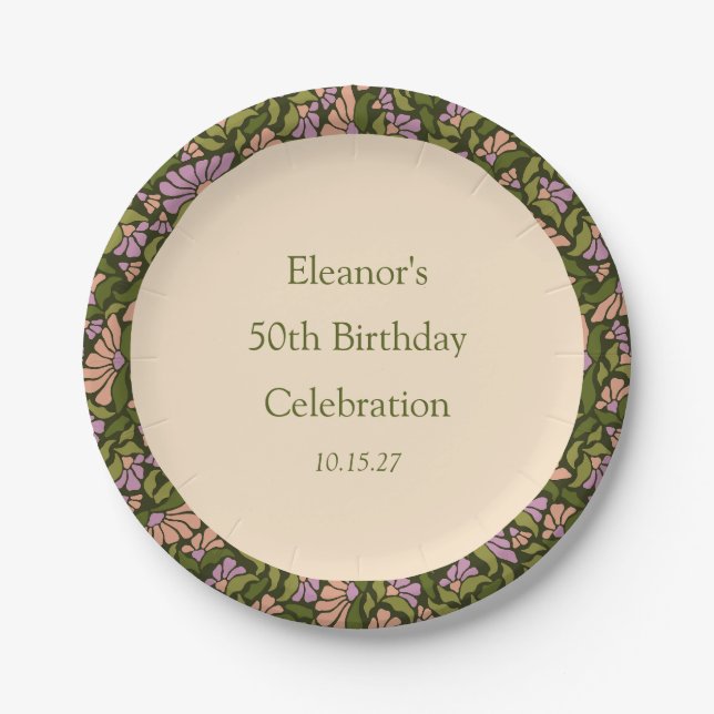 Retro Boho Green Cute Floral Custom 50th Birthday Paper Plate (Front)