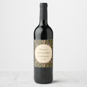 Retro Boho Green Cute Floral Custom 50th Birthday Wine Label