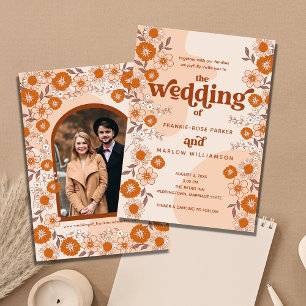 Retro Boho Groovy Arched Photo Wedding Invitation