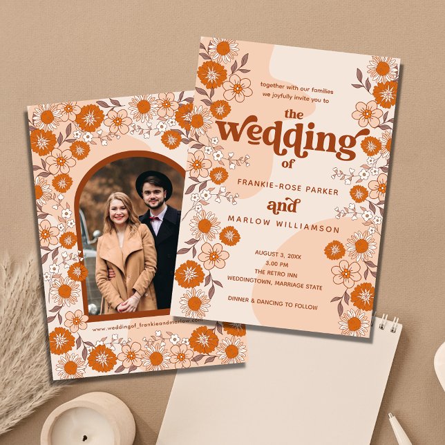 Retro Boho Groovy Arched Photo Wedding Invitation (Creator Uploaded)