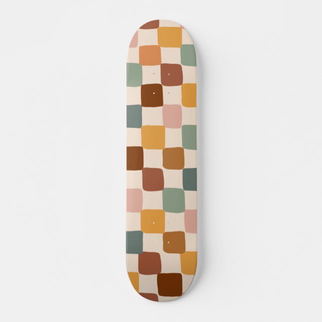 Retro Boho Groovy Chequered Colourful Bohemian 70s Skateboard (Front)