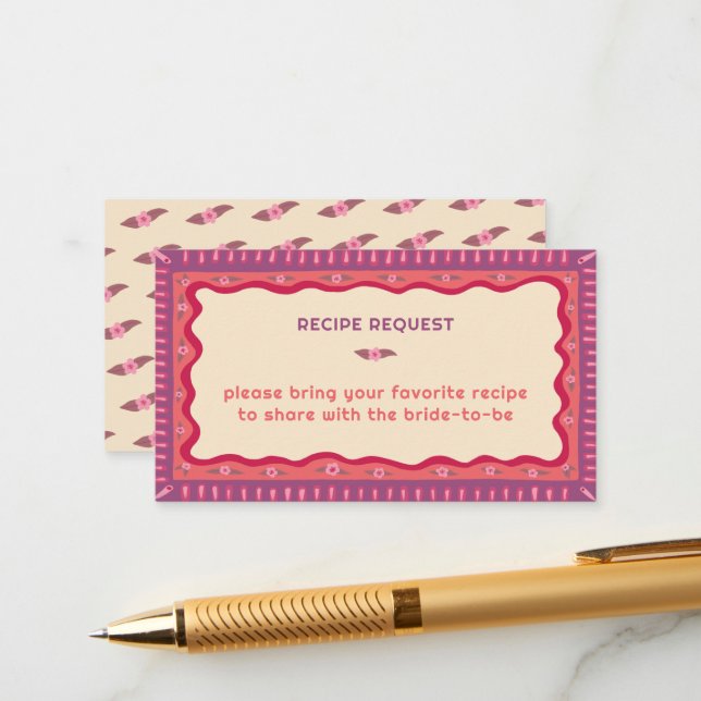 Retro Boho Handmade CUSTOM Bridal Shower Recipe Enclosure Card (Front/Back In Situ)