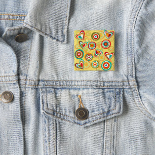 Retro Boho Hearts and Circles 70s Groovy Pattern  2 Inch Square Button