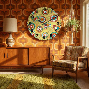 Retro Boho Hearts and Circles 70s Groovy Pattern  Large Clock