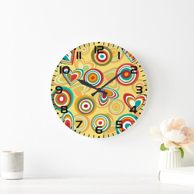 Retro Boho Hearts and Circles 70s Groovy Pattern  Large Clock (Creator Uploaded)