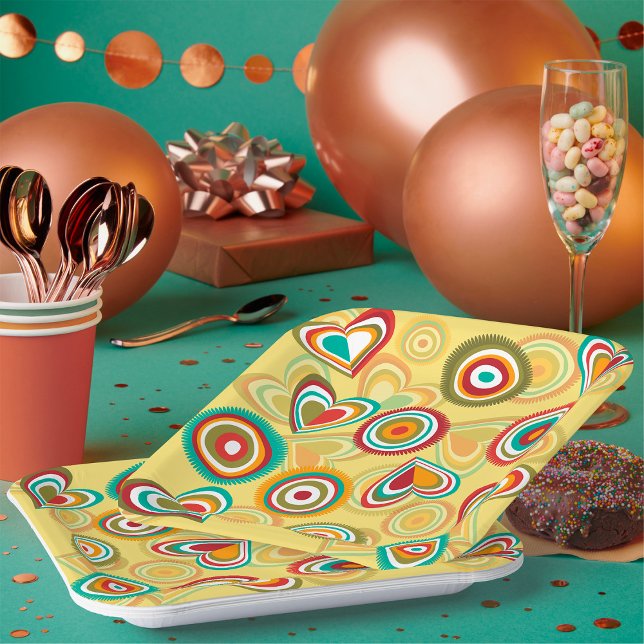 Retro Boho Hearts and Circles 70s Groovy Pattern  Paper Plate (Creator Uploaded)