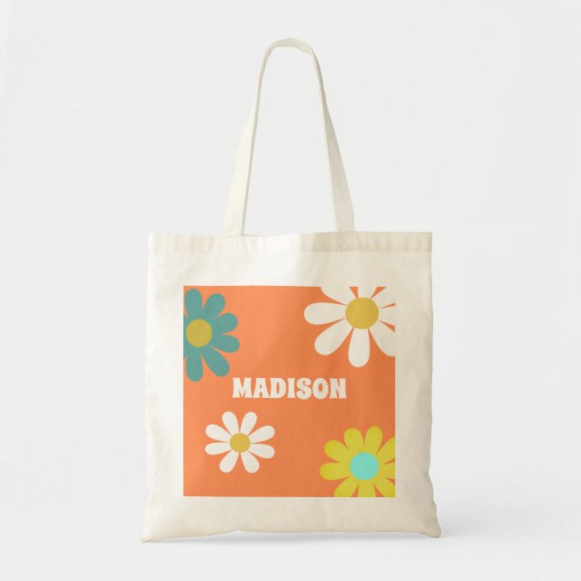 Retro Boho Hippie Daisy Personalized Tote Bag (Front)