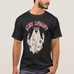 Retro Boho Hippie Stay Spooky Floral Ghost Hallowe T-Shirt