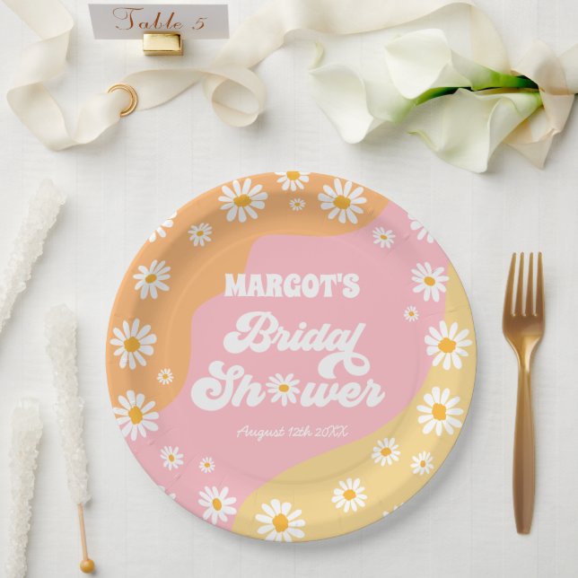 Retro Boho Hippy Daisy Bridal Shower Decorations Paper Plate (Wedding)