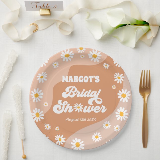 Retro Boho Hippy Daisy Bridal Shower Decorations Paper Plate (Wedding)