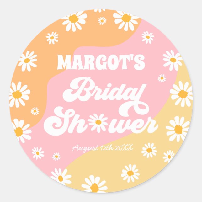 Retro Boho Hippy Daisy Bridal Shower Favour Classic Round Sticker (Front)