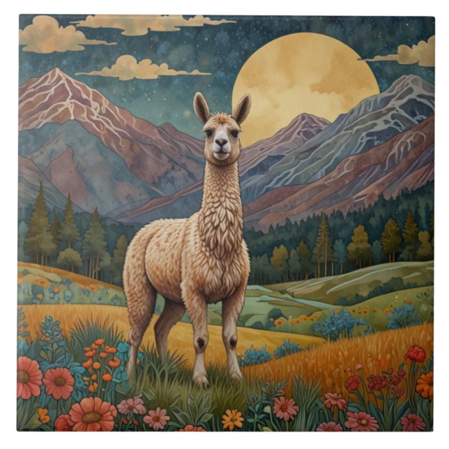 Retro boho llama alpaca mountain landscape  tile (Front)
