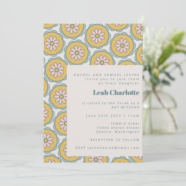Retro Boho Mandala Floral Pastel Bat Mitzvah Invitation (Standing Front)