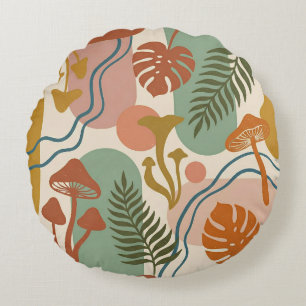 Retro Boho Mushroom & Botanical Earth Tones Round Pillow