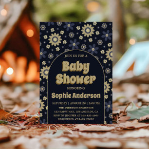 Retro Boho Navy Floral Arch Baby Shower Invitation