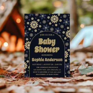 Retro Boho Navy Floral Arch Baby Shower Invitation
