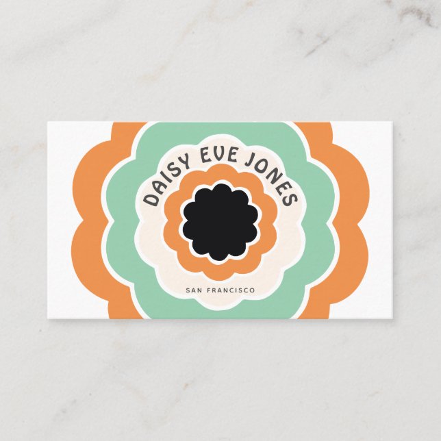 Retro Boho Orange Black Green Flower Circle Business Card (Front)