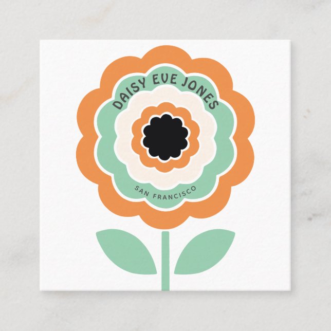 Retro Boho Orange Black Green Flower Circle Square Business Card (Front)