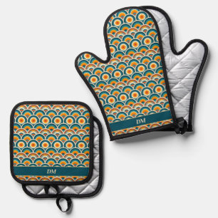 Retro Boho Orange Blue Sun Pattern Monogram Oven Mitt & Pot Holder Set