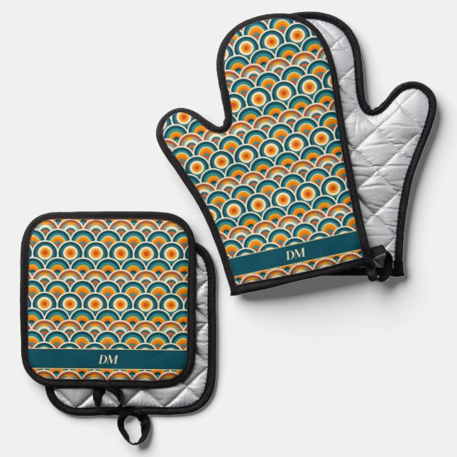 Retro Boho Orange Blue Sun Pattern Monogram Oven Mitt & Pot Holder Set (Front/Back)