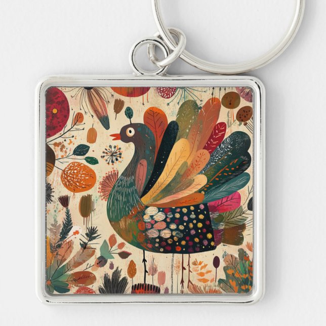 Retro Boho Patchwork Fall Turkey Keychain (Front)