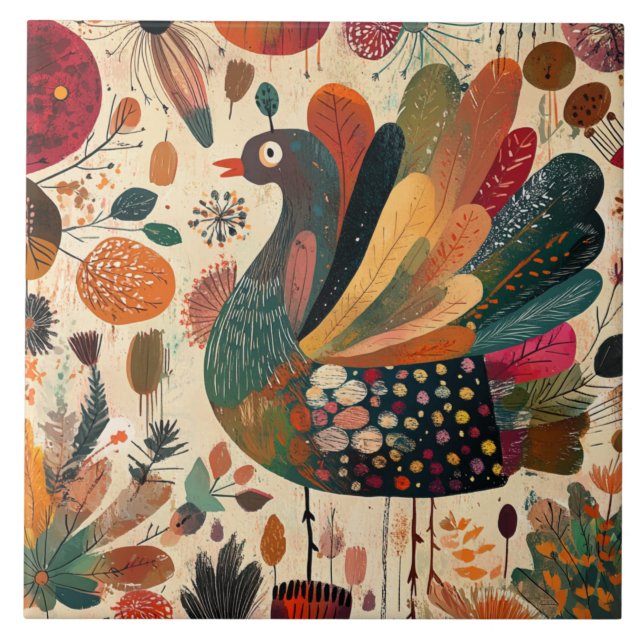 Retro Boho Patchwork Fall Turkey Tile (Front)