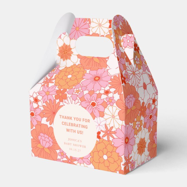 Retro Boho Pink Floral Custom Baby Shower Thanks Favor Box (Front Side)