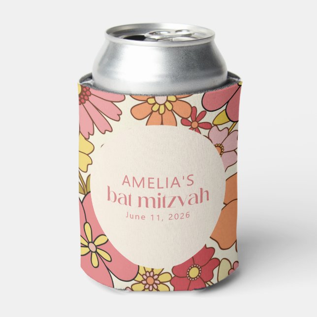 Retro Boho Pink Floral Groovy Bat Mitzvah Custom Can Cooler (Can Front)