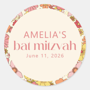 Retro Boho Pink Floral Groovy Bat Mitzvah Custom Classic Round Sticker