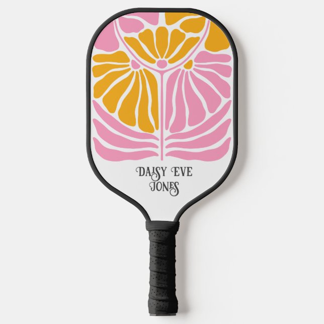 Retro Boho Pink Gold Orange Floral Personalized Pickleball Paddle (Front)