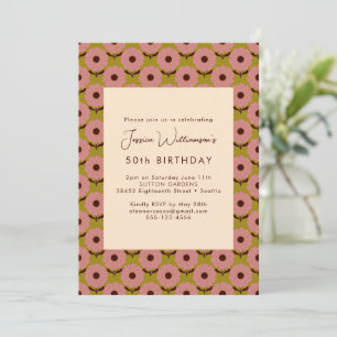 Retro Boho Pink Green Flower Groovy 50th Birthday Invitation