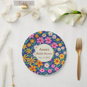 Retro Boho Pink Orange Floral Bridal Shower   Paper Plate