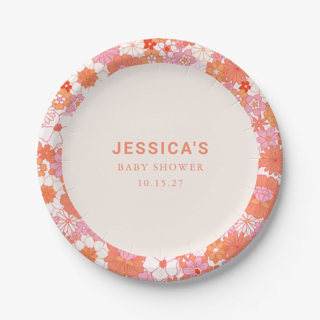 Retro Boho Pink Orange Floral Custom Baby Shower Paper Plate (Front)