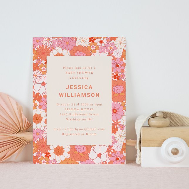 Retro Boho Pink Orange Floral Cute Baby Shower Invitation (Creator Uploaded)