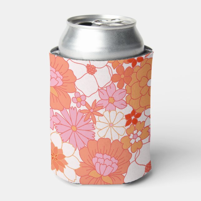 Retro Boho Pink Orange Floral Cute Flowers Can Cooler (Can Front)