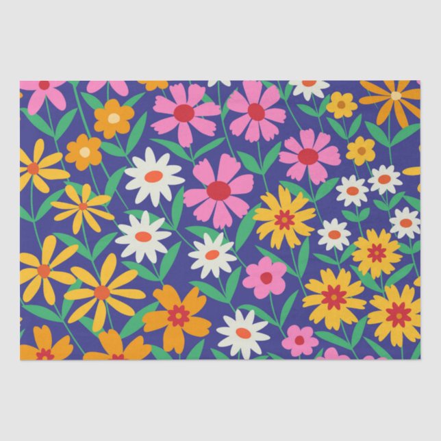 Retro Boho Pink orange Floral Pattern on navy blue Tissue Paper (Front)