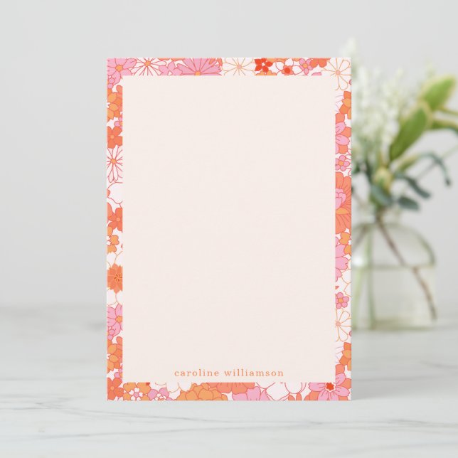 Retro Boho Pink Orange Floral Personalized Name Card (Standing Front)