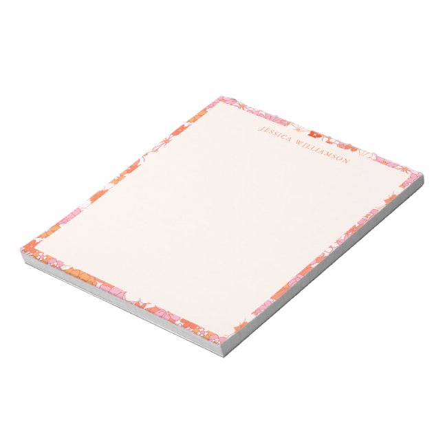 Retro Boho Pink Orange Floral Personalized Name Notepad (Rotated)
