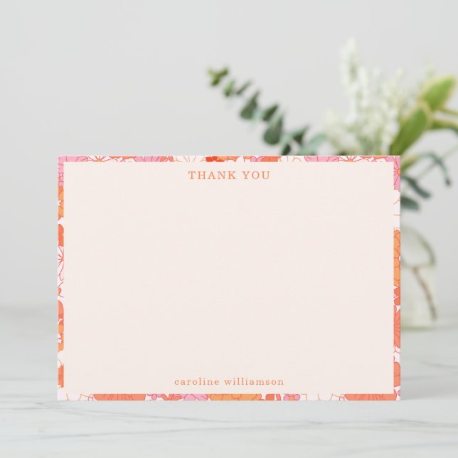 Retro Boho Pink Orange Flowers Personalized Name Thank You Card (Standing Front)