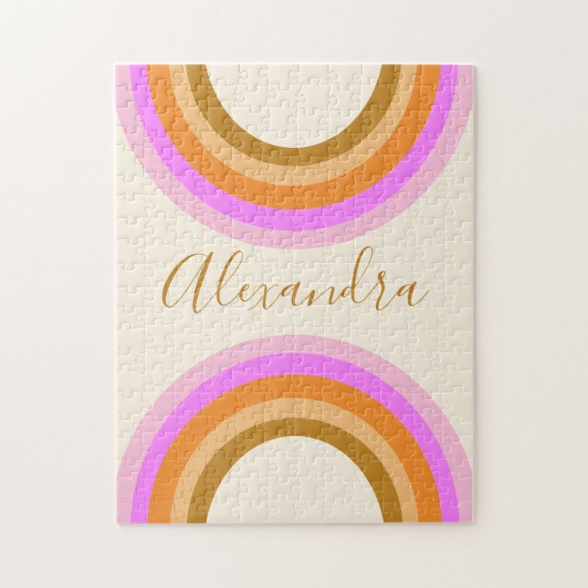 Retro Boho Pink Rainbow Personalized Name Jigsaw Puzzle (Vertical)