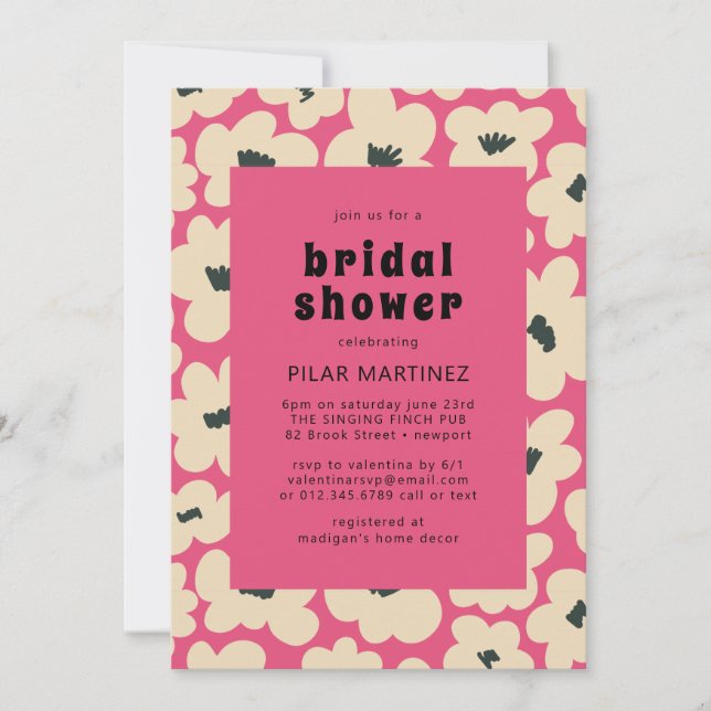Retro Boho Pink White Black Floral Bridal Shower Invitation (Front)